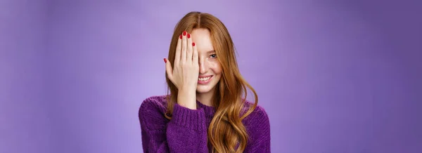 Fllirty Happy Attractive Ginger Girl Peeking One Eye Covering Half — Stock Photo, Image