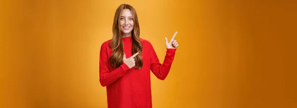 Assertive Helpful Charming Young Female Assitant Red Knitted Dress Ginger — Stock Photo, Image