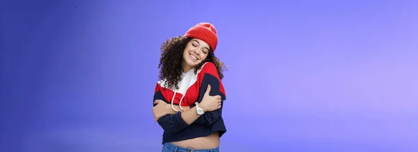 Lifestyle Sweet Tender Sensual Curly Haired Woman Red Stylish Beanie — Stock Photo, Image