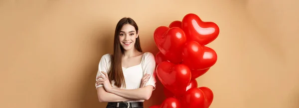 Cheerful Young Woman Looking Happy Valentines Day Standing Hearts Balloons — Stock Photo, Image