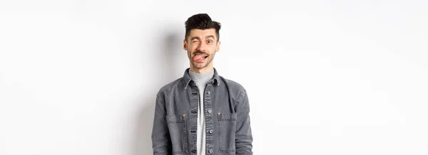 Funny Guy Moustache Showing Tongue Winking Making You Laugh Standing — Stock Photo, Image