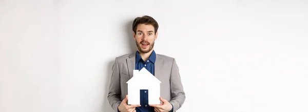 Real Estate Excited Business Man Suit Holding Paper House Cutout — Stock Photo, Image