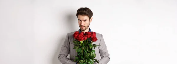 Handsome Macho Man Going Date Suit Holding Bouquet Red Roses — Stock Photo, Image