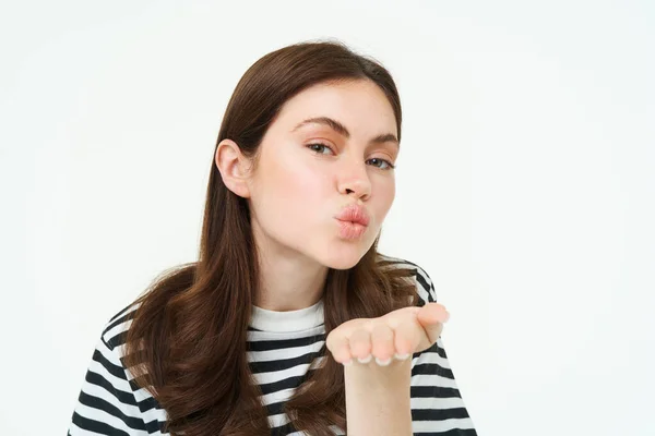 Portrait Cute Girl Sending You Blowing Air Kiss Holding Palm — Stock Photo, Image