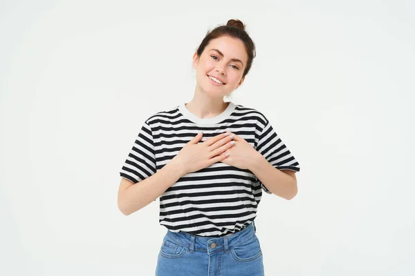 Portrait Smiling Modern Woman Holding Hands Heart Says Thank You — Stock Photo, Image