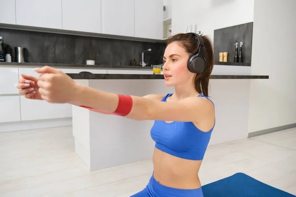 Image Hardworking Sportswoman Girl Doing Fitness Exercises Home Listening Music — Stock Photo, Image