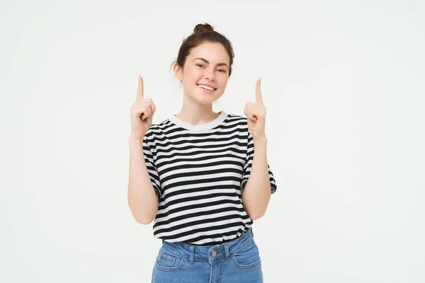 Lifestyle Advertisement Concept Young Smiling Woman Modern Girl Pointing Finger — Stock Photo, Image