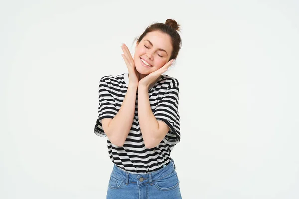Image Happy Young Woman Laughing Smiling Looking Pleased Touches Her — Stock Photo, Image