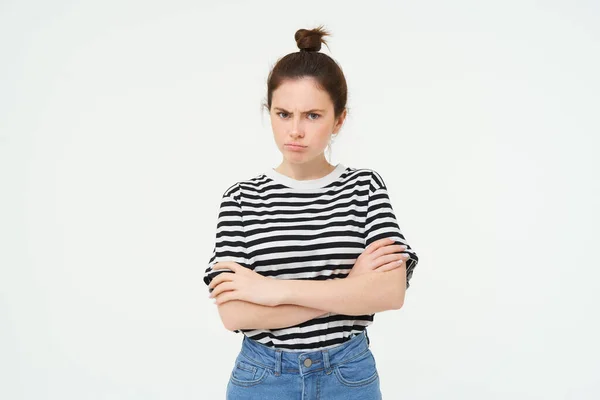 Portrait Angry Offended Young Woman Cross Arms Chest Pouting Looking — Stock Photo, Image
