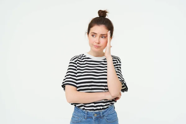Portrait Concerned Worried Young Woman Touches Her Head Looking Complicated — Stock Photo, Image