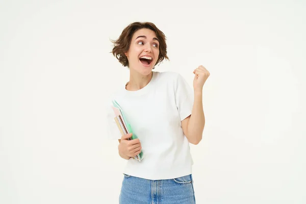 Enthusiastic Brunette Woman Makes Fist Pump Holds Documents Notes Looks — Stock Photo, Image