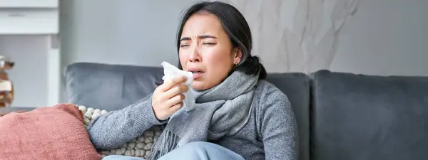 Primer Plano Chica Coreana Estornudando Siesta Sentado Casa Bufanda Sintiéndose —  Fotos de Stock