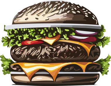 Çizgi film lezzetli büyük hamburger, beyaz arka planda izole edilmiş peynir ve susam tohumları. Vektör etiket simgesi