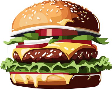 Çizgi film lezzetli büyük hamburger, beyaz arka planda izole edilmiş peynir ve susam tohumları. Vektör etiket simgesi