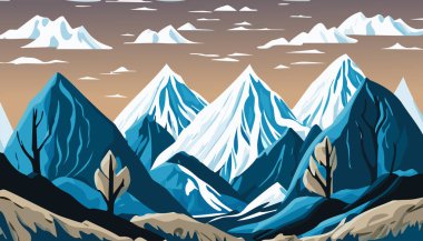 Güzel koyu mavi dağ manzarası sis ve orman ile vektör Illustration. gün doğumu ve batımı dağlarda