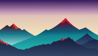 Güzel koyu mavi dağ manzarası sis ve orman ile vektör Illustration. gün doğumu ve batımı dağlarda