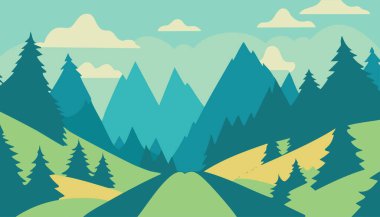 Güzel koyu mavi dağ manzarası sis ve orman ile vektör Illustration. gün doğumu ve batımı dağlarda