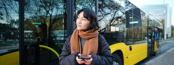 Portrait Korean Girl Buying Ticket Public Transport Online Using Mobile — Foto de Stock