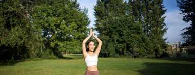 Asyalı bir kadının Asya 'da dikey görüntüsü, parkta yoga egzersizleri yapıyor, tozluk giyiyor, lastik paspasın üzerinde duruyor..