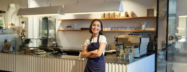 Portrait of smiling asian entrepreneur, independent coffee shop owner, wearing apron, working in cafe, wearing apron.
