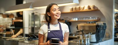 Önlüklü gülümseyen Asyalı kadının portresi, kahveci sana kahve veriyor, kafede çalışıyor, içki servisi yapıyor..