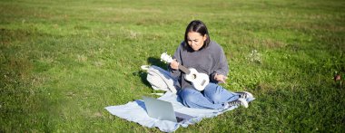 Şirin Asyalı kız, müzisyen, dizüstü bilgisayarında özel derse bakıyor, online hoca ukulele çalmayı gösteriyor, öğrenci güneşli bir günde parkta çimlerde oturuyor..