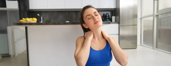 Image Woman Workout Home Stretching Her Head Neck Does Warm — Stock Photo, Image