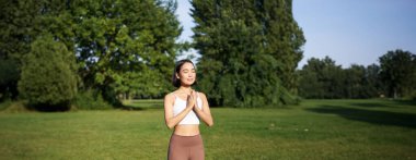 Asyalı bir kadının Asya 'da dikey görüntüsü, parkta yoga egzersizleri yapıyor, tozluk giyiyor, lastik paspasın üzerinde duruyor..