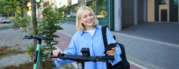 Portrait Smiling Blond Woman College Student Using Smartphone App Scan — Stock Photo, Image