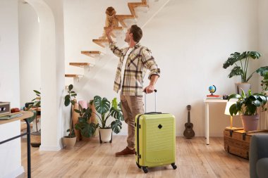 Mutlu bir yolcunun portresi, tatile çıkan genç bir adam, bavulunu tutuyor, merdivenlerde bir kediyi okşuyor. Turizm ve halk yaşam tarzı konsepti