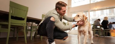 Şirin köpeğini evcil hayvan dostu bir kafede okşayan yakışıklı adamın yakın portresi. Golden retriever 'ıyla kahve dükkanına gelen bir ziyaretçi..