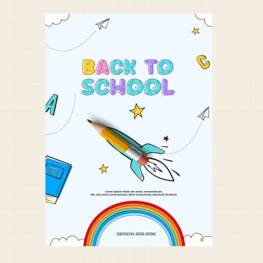 Roket kalemle renkli 'Okula Dönüş' yaratıcı illüstrasyon, akademik seyahat konsepti.