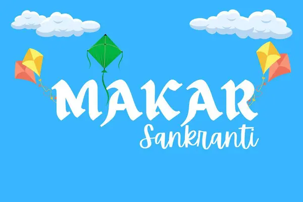Uçurtmaların dekorasyonu ve mavi arka planla Makar Sankranti festivali
