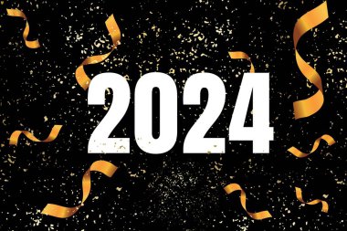 Mutlu yıllar 2024 illüstrasyon afişi. Karanlık temalı parıltılı ve kurdeleli.