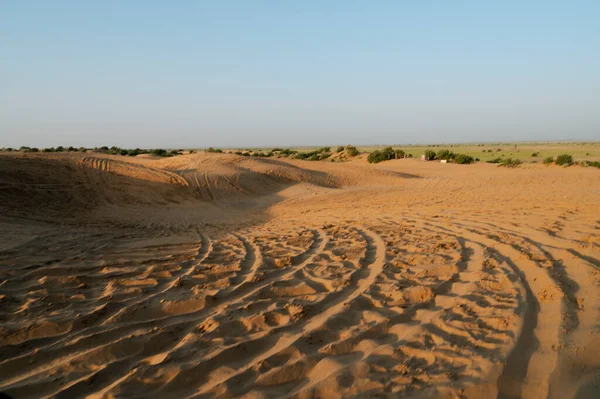 Marcas Pneus Carro Dunas Areia Deserto Thar Rajasthan Índia Turistas — Fotografia de Stock