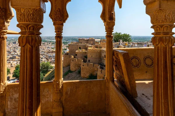 Zandsteen Maakte Prachtige Balkon Jharokha Stenen Raam Exterieur Van Jaisalmer — Stockfoto