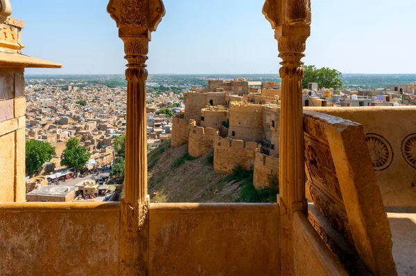 Sandstein Machte Schönen Balkon Jharokha Steinfenster Und Außenseite Des Jaisalmer — Stockfoto