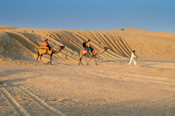 Thar Desert Rajasthan Índia 2019 Cameleer Leva Turistas Camelo Para — Fotografia de Stock