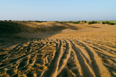Thar Çölü, Rajasthan, Hindistan 'daki kum tepelerinde araba lastiği izleri var. Turistler, gezginler arasında çok popüler bir etkinlik olan çölde güneşin doğuşunu izlemek için arabalarla geliyorlar..