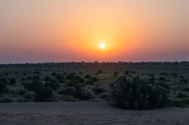 Hindistan, Rajasthan 'daki Thar Çölü' nün ufkundan yükselen güneş. Hindistan 'ın dört bir yanından turistler Thar Çölü' nde çöl güneşinin doğuşunu izlemek için geliyorlar..