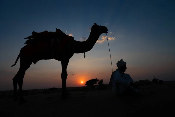 Silhouette Old Cameleer His Camel Sand Dunes Thar Desert Rajasthan — Foto Stock