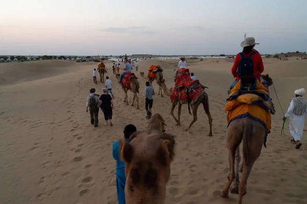 Thar Desert Rajassthan Índia Outubro 2019 Turistas Montando Camelos Dunas — Fotografia de Stock