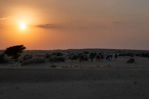 Beautiful Sunset Sand Dunes Thar Desert Rajasthan India Tourists Returing — Foto de Stock