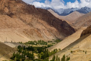 Beautiful play of light on the valley of Basgo, snow capped Himalayan mountains in the background. Leh, Union territory of Ladakh, India.