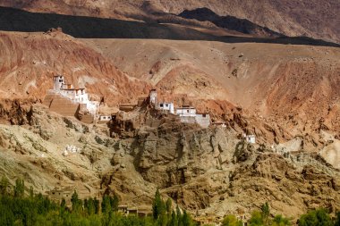 Basgo or Bazgoo, a village situated on the bank of the Indus river in Leh district, Ladakh, India. Ancient cultural and political centre, Basgo Monastery and historical ruins with Himalayan mountains.
