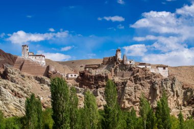 Basgo or Bazgoo, a village situated on the bank of the Indus river in Leh district, Ladakh, India. Ancient cultural and political centre, Basgo Monastery and Himalayan mountains. Blue sky bakcground.