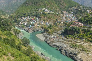 Devprayag, Godly Confluence,Garhwal,Uttarakhand, India. Here Alaknanda meets the Bhagirathi river and both rivers thereafter flow on as the Holy Ganges river or Ganga. Sacred place for Hindu devotees.