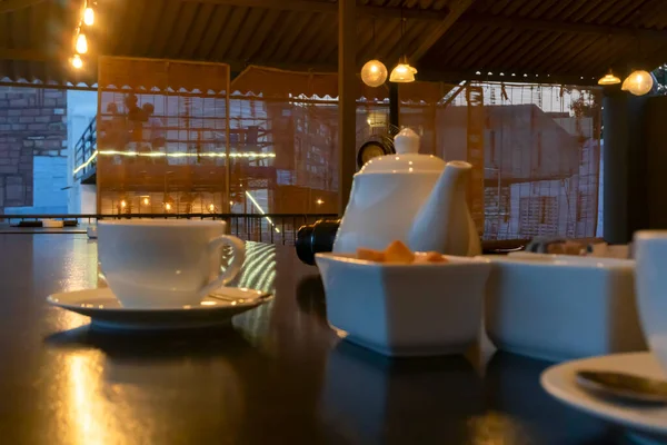 Чудовий Інтер Ресторану Джодхпурі Раджастхан Індія Білі Чашки Тарілки Чайний — стокове фото