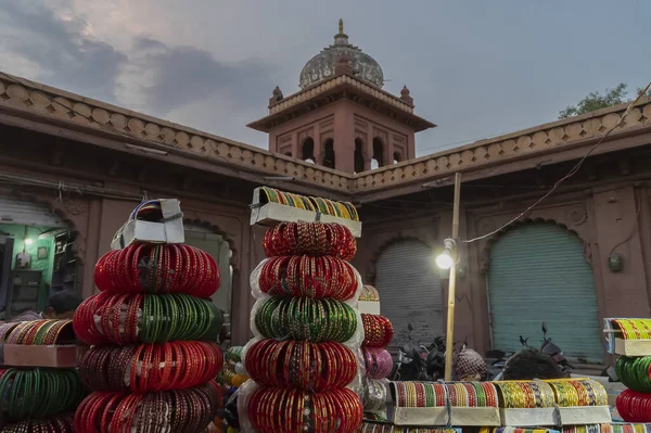 Colorful Rajasthani bangles being sold at famous Sardar Market and Ghanta ghar Clock tower in Jodhpur, Rajasthan, India.
