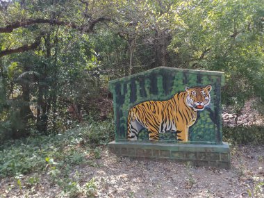 A tiger, Panthera tigris, on the sign board at Karnataka tiger reserve. The road goes through deep forest of the famous tiger reserve. Shot at forest of Karnataka, India.